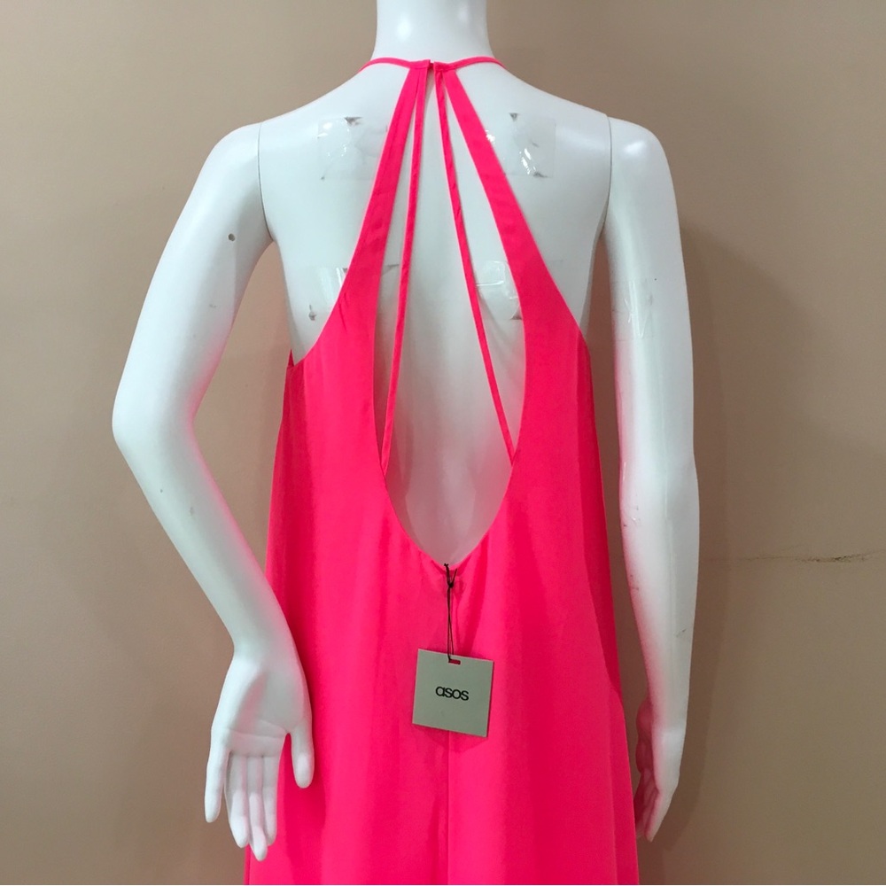 ASOS Neon Pink Halter Maxi Dress Open Strappy Back Chiffon Flowy Gown Womens 6 - Picture 3 of 6